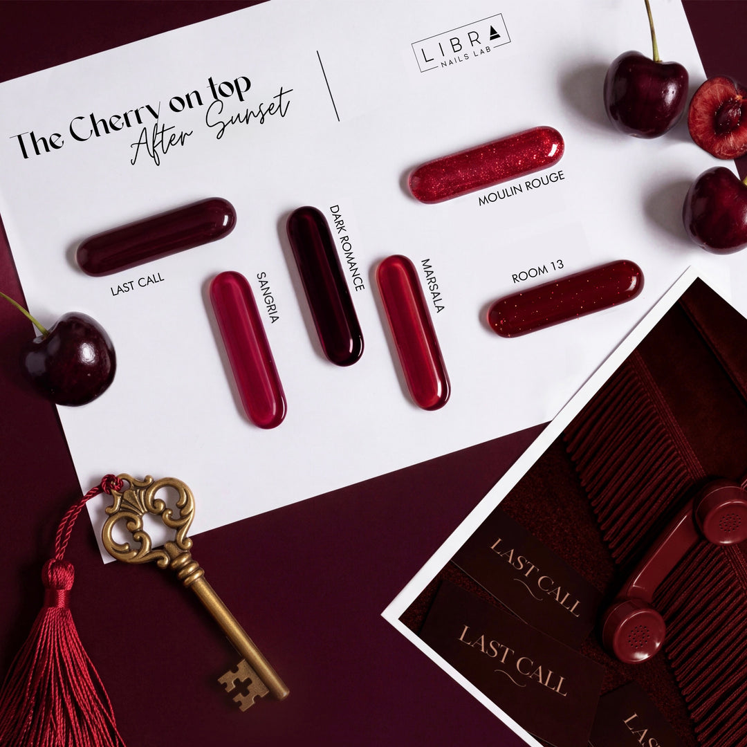 The Cherry On Top After Sunset, collection de 6 vernis semi-permanents rouges et bordeaux – Libra Nails Lab