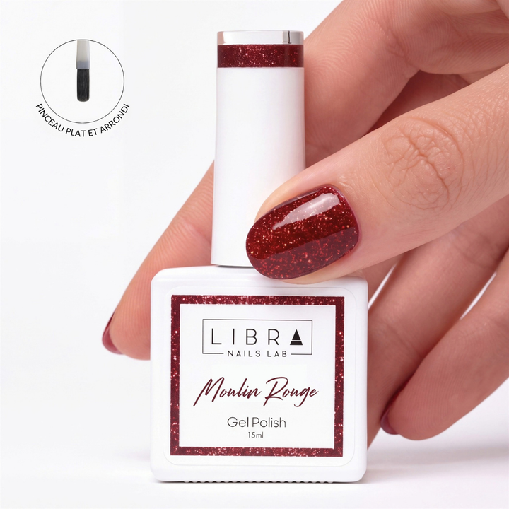 Vernis semi-permanent Moulin Rouge, rouge pailleté, 15 ml sans HEMA – Libra Nails Lab